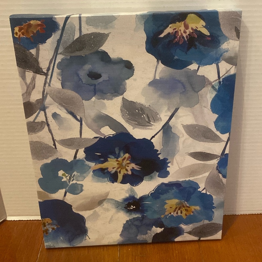 Blue floral stretched canvas wall picture 13x11”